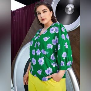 Green Floral Print Bishop Sleeve Blouse